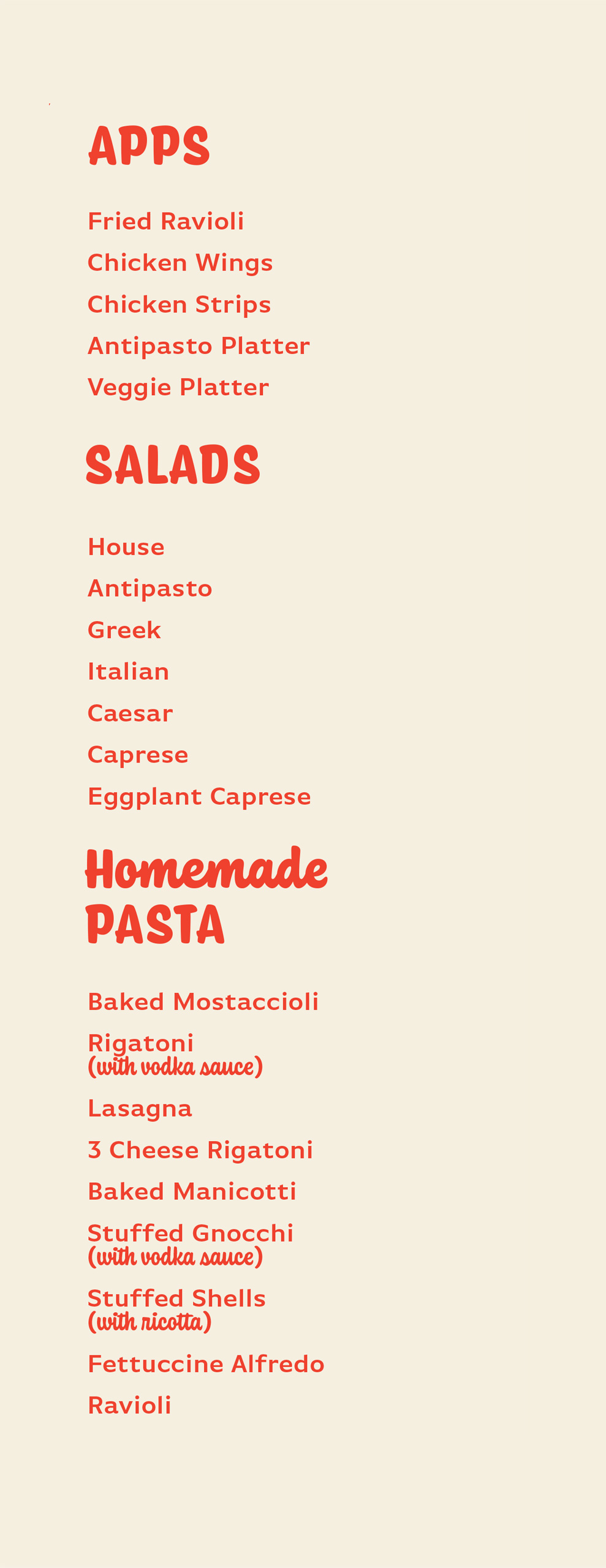 Appetizers, Salads and Pastas. Please click on our PDF menu below for a full text menu.