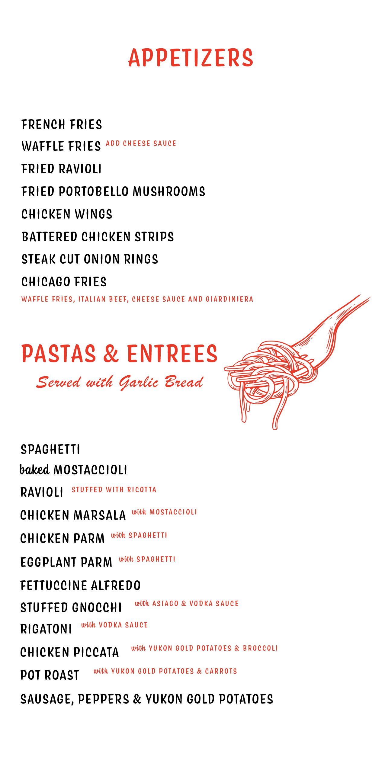 Appetizers and Pastas. Please click on our PDF menu below for a full text menu.